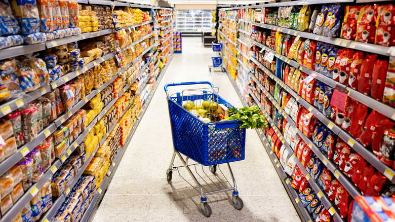 An abandoned trolley in the middle of an empty grocery store aisle