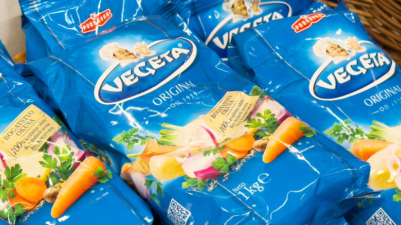 Vegeta seasoning packages stacked together.