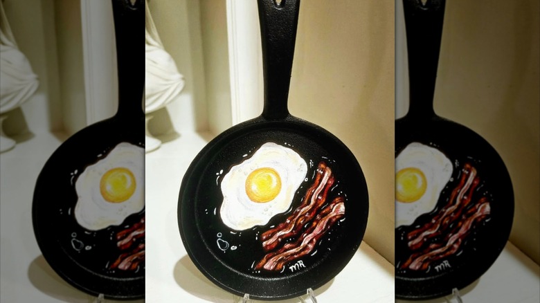 decorative hand-painted skillet designed with fried egg and bacon