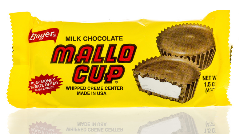 Yellow package of Mallo Cup candies on white background
