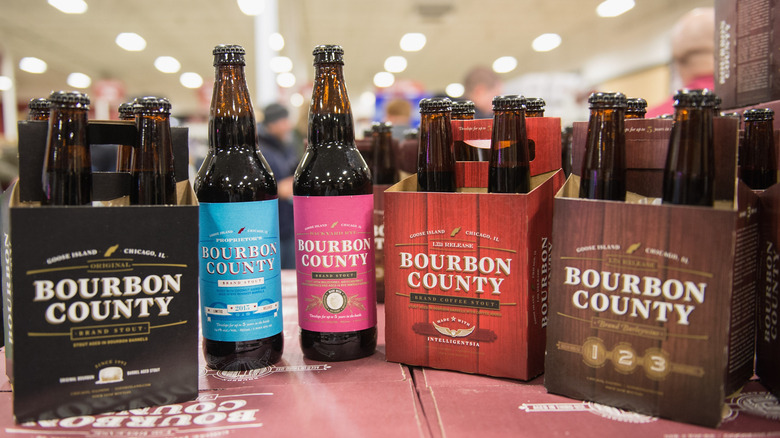 Lineup of various Bourbon County stout bottles