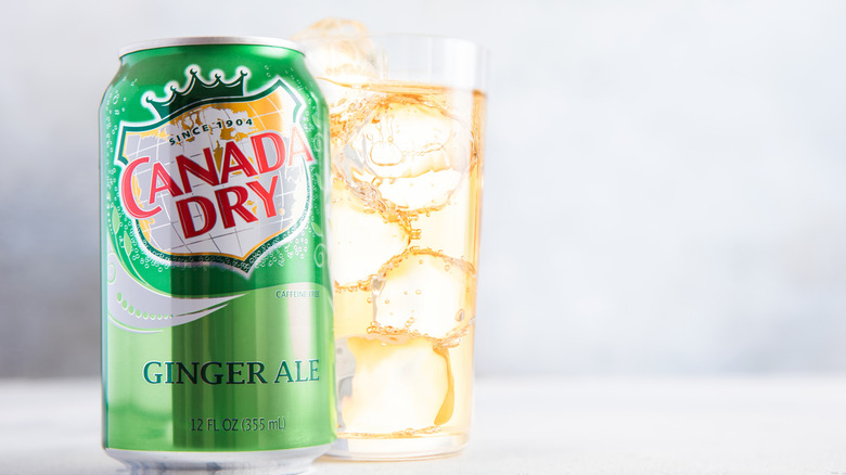 A can of Canada Dry ginger ale next to a glass of ginger ale with ice