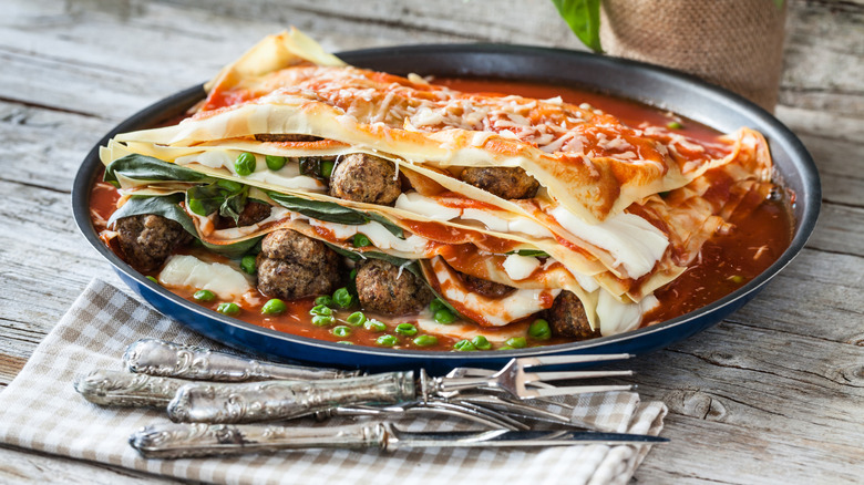 Lasagna napolitana with meatballs and hard boiled eggs