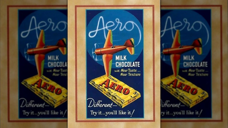 1930s era advertisement for Hershey's aero milk chocolate bar with airplane illustration