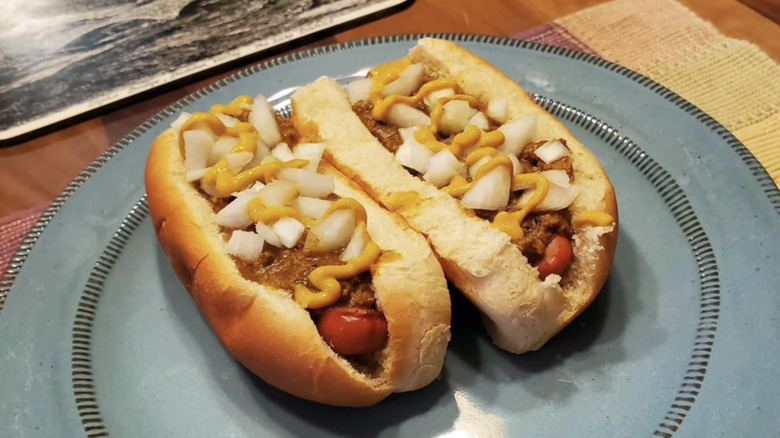 Homemade Coney Island chili dogs made with crackers on a plate