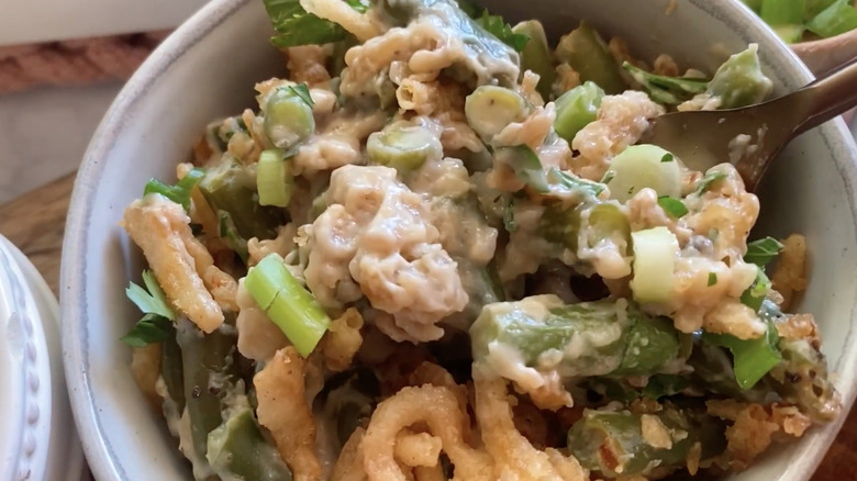 green bean casserole in iron skillet