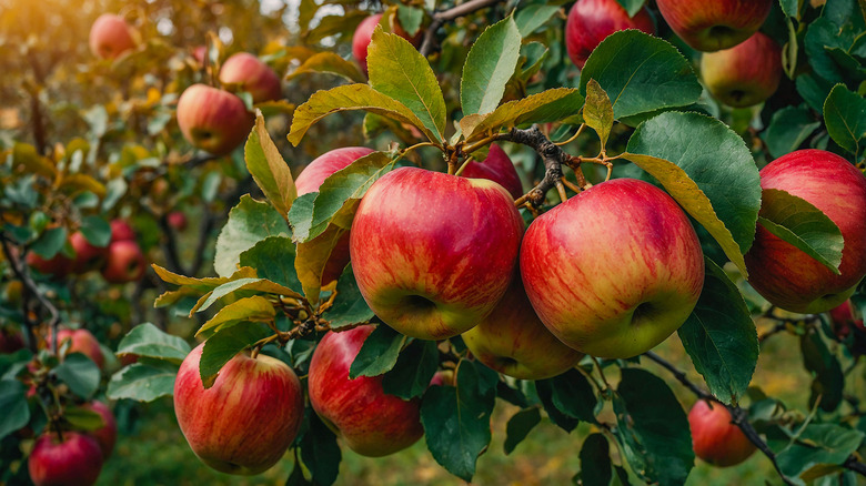Apples on tree at sunset