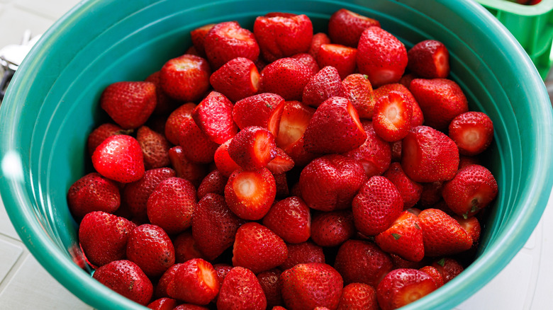 hulled strawberries in bowl