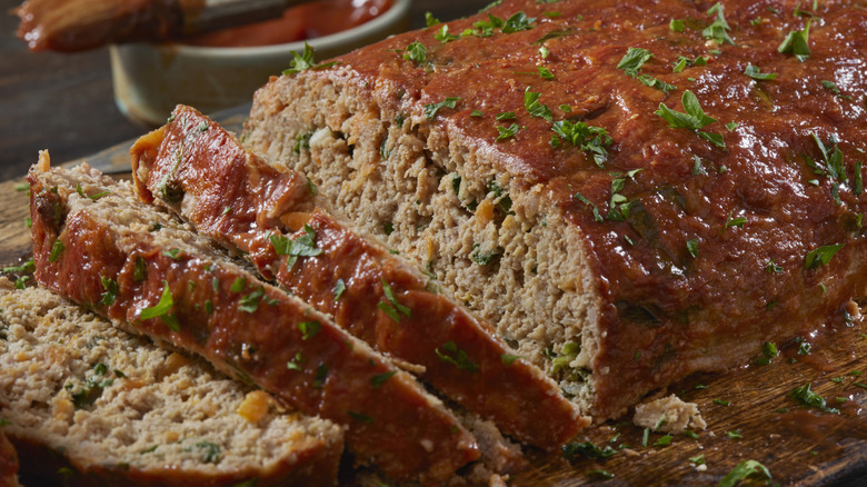 closeup of turkey meatloaf with fresh herbs