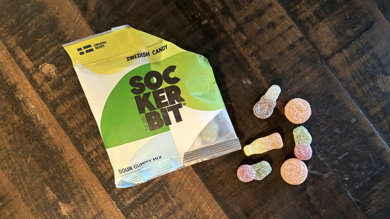 Sockerbit Sour Gummy Mix on wood surface