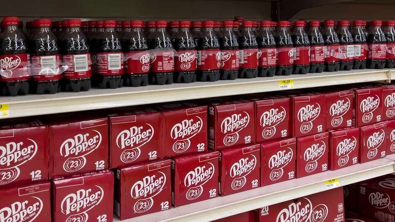 dr pepper bottles in grocery store
