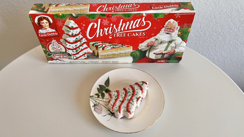 Little Debbie Christmas Tree Cakes box and cake on a plate