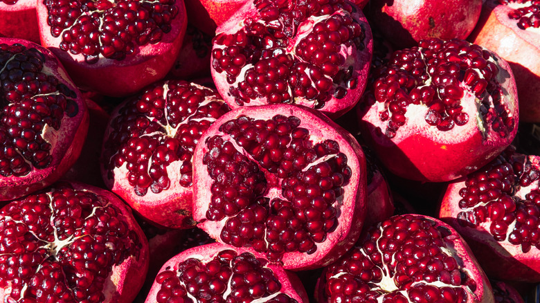 Bunch of halved pomegranates