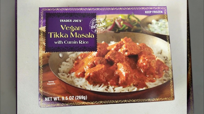 Box of Trader Joe's Vegan Tikka Masala on white surface
