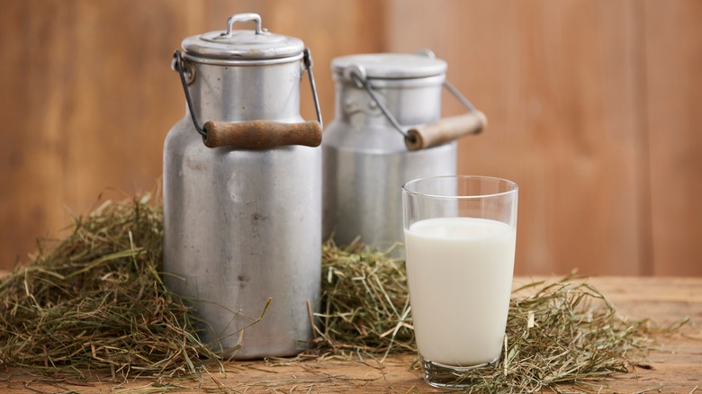 Glass of milk with canisters
