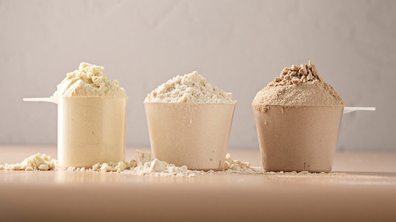 various protein powders in their scoopers