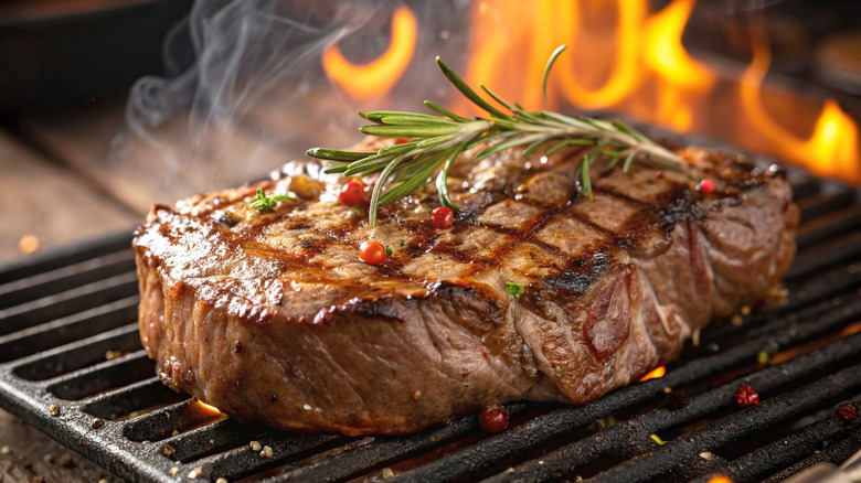 A ribeye steak with fresh thyme being flame-grilled