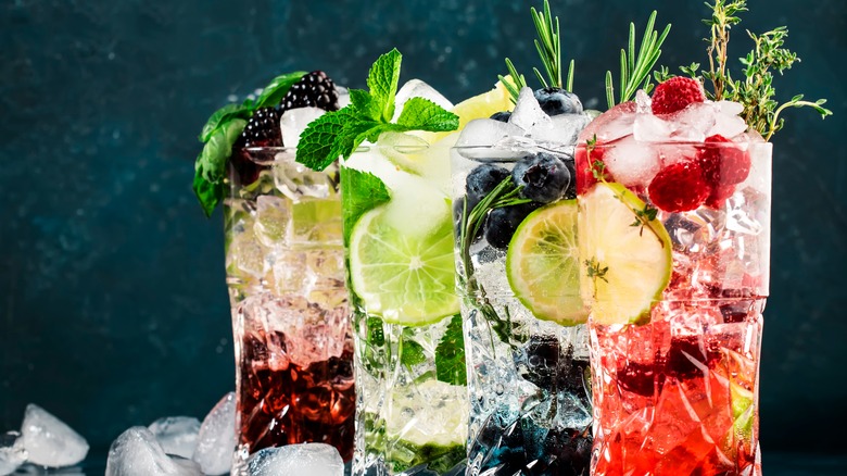 Fruity vodka cocktails in a line