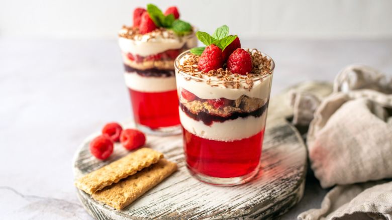 Two layered Jell-o parfaits with whipped cream