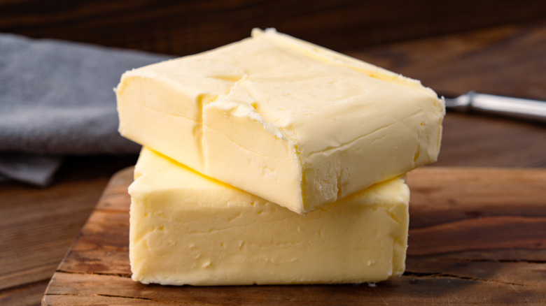 View of butter stacked on a cutting board