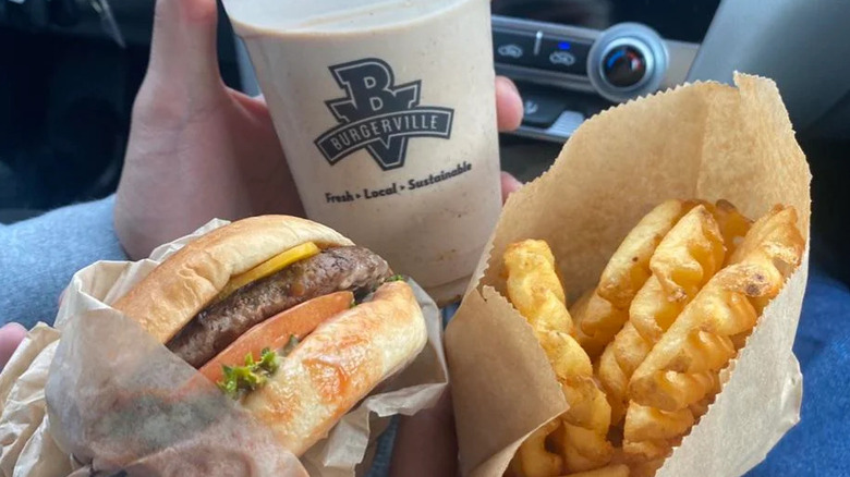 Burgerville burger, fries, and shake