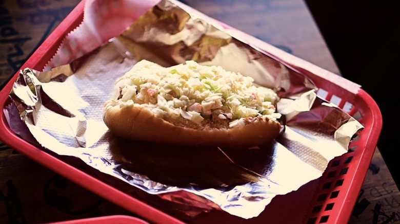 A Hillbilly Hotdog on a tray