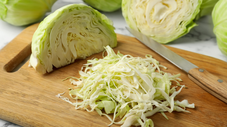 Closeup of sliced cabbage on a cutting board