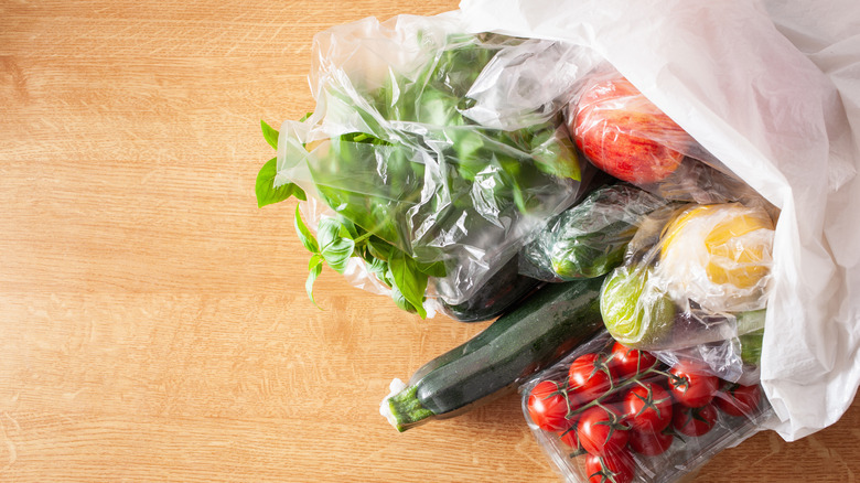 fresh produce in plastic bags