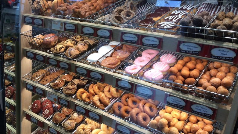 Various Tim Hortons donuts in shop