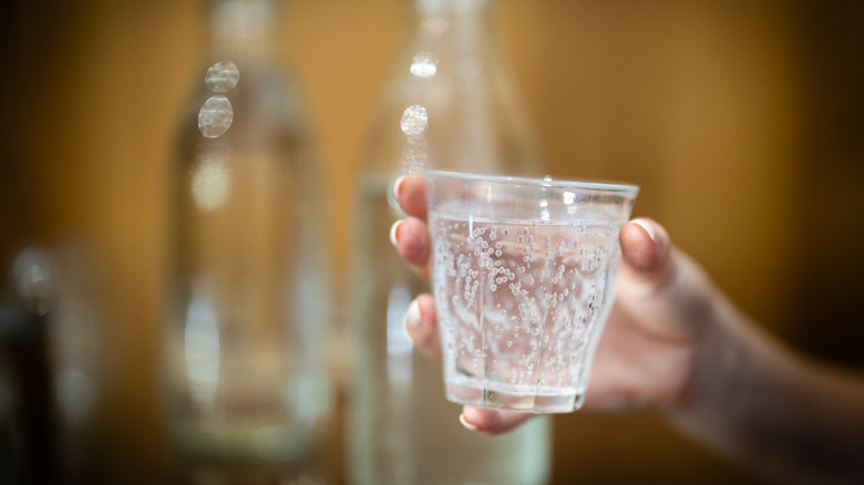 A person holding a clear glass of soda water