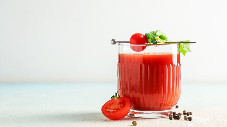 Simple bloody mary in a clear glass with a basic garnish