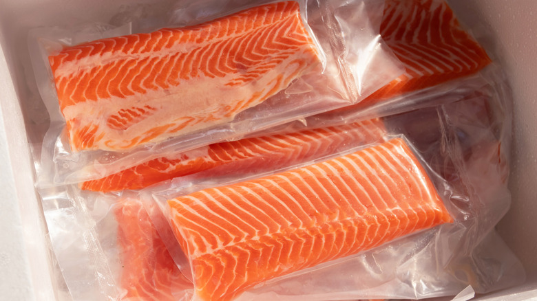 Vacuum-sealed salmon in styrofoam box