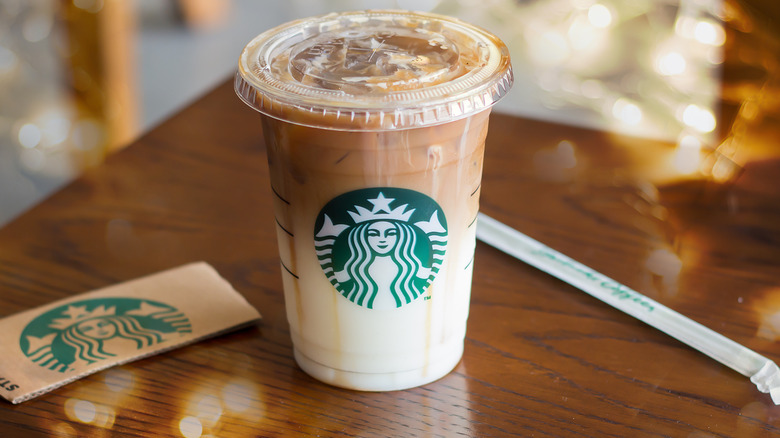 close up of an iced caramel macchiato from Starbucks