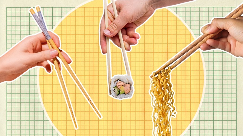 Person holding chopsticks on yellow background