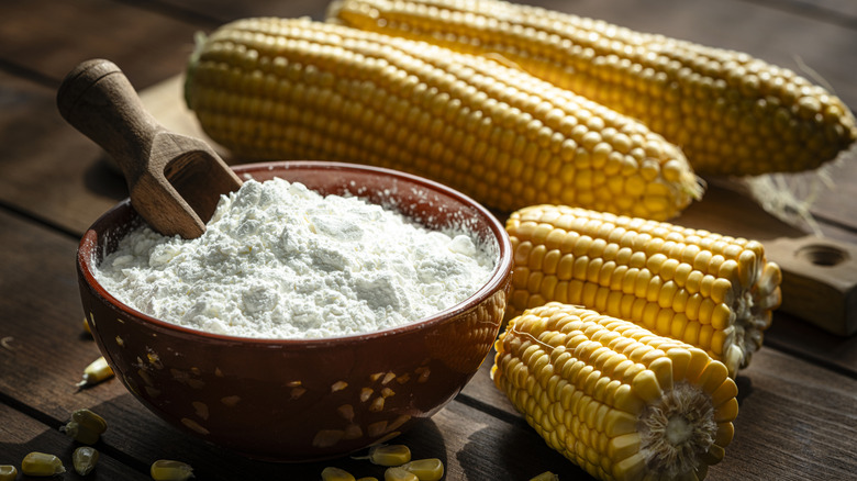 Corn starch in bowl with corn behind it