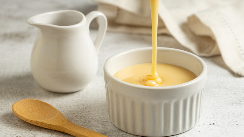 Condensed milk poured into ramekin