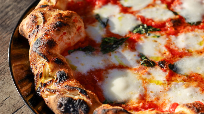 A close-up on the fluffy crust of a Tokyo-style Neapolitan pizza, showing a light and airy crust with lots of air bubbles and an even char