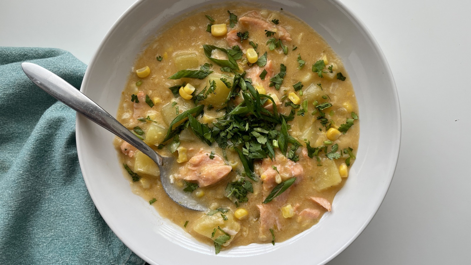 Tom Kha-Inspired Salmon And Corn Chowder Recipe