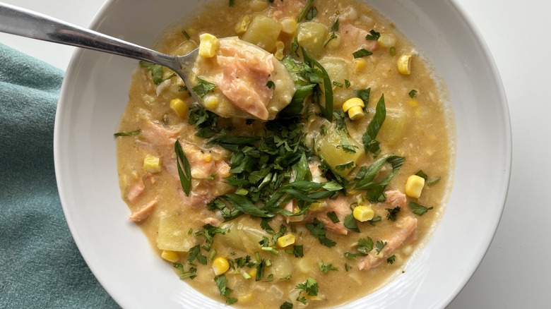 Tom Kha-Inspired Salmon And Corn Chowder Recipe