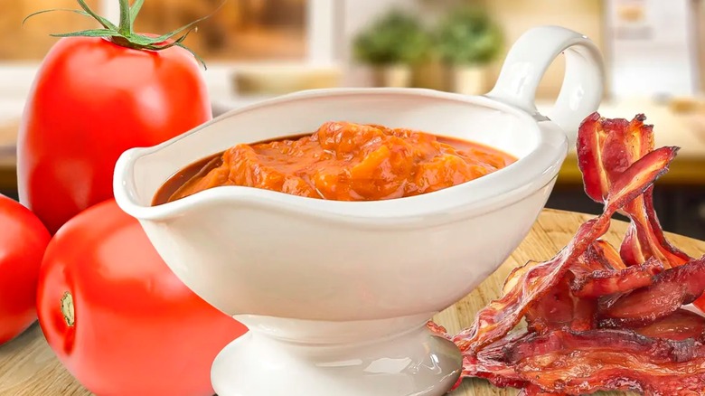 Tomato gravy in wooden bowl
