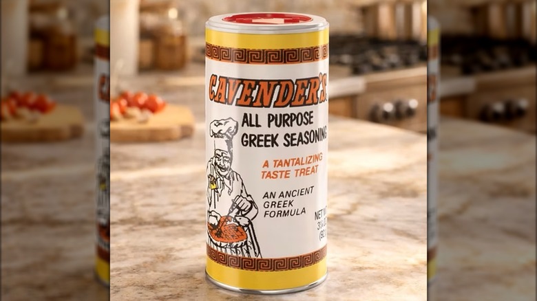 a container of Cavender's All Purpose Greek Seasoning sitting on a stone kitchen counter
