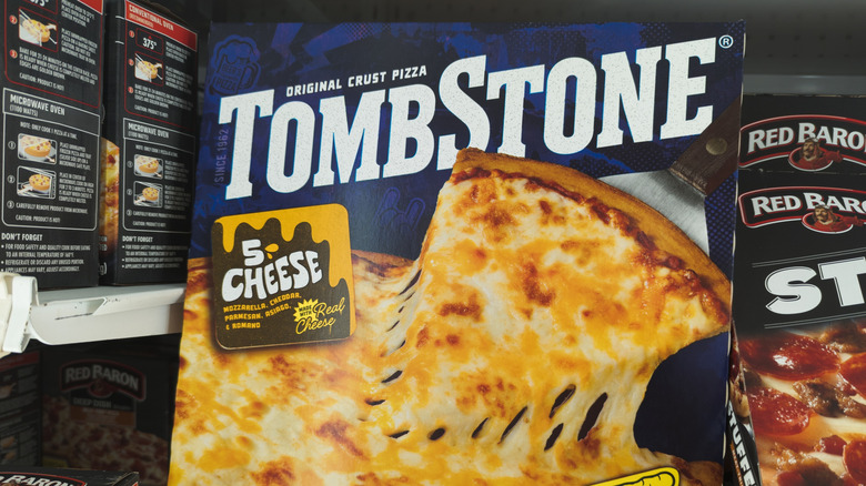 Tombstone frozen five cheese pizza in grocery freezer