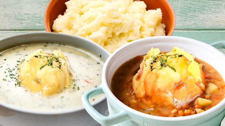 Soups topped with mashed potatoes