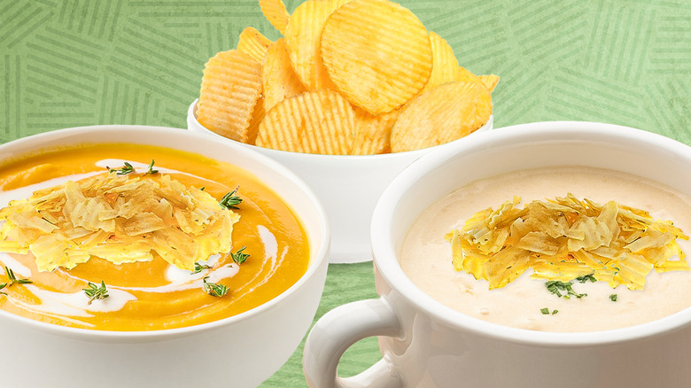 Bowls of soup with crushed chips