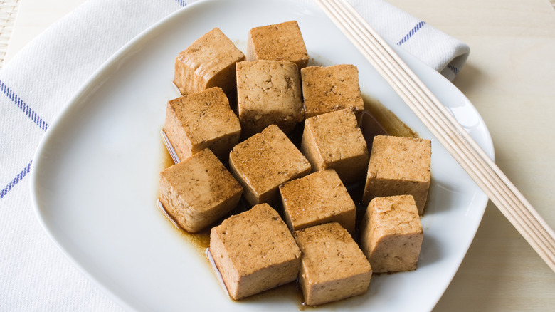 Marinated tofu sits on plate 