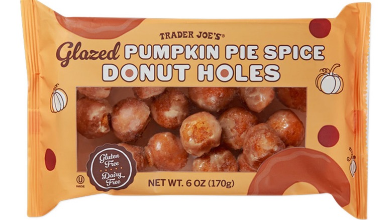 A package of Trader Joe's Glazed Pumpkin Pie Spice Donut Holes on white background