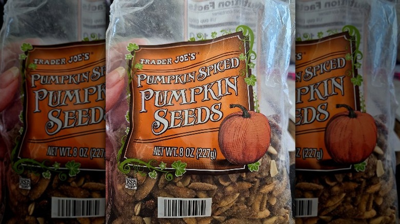 A bag of Trader Joe's Pumpkin Spiced Pumpkin Seeds