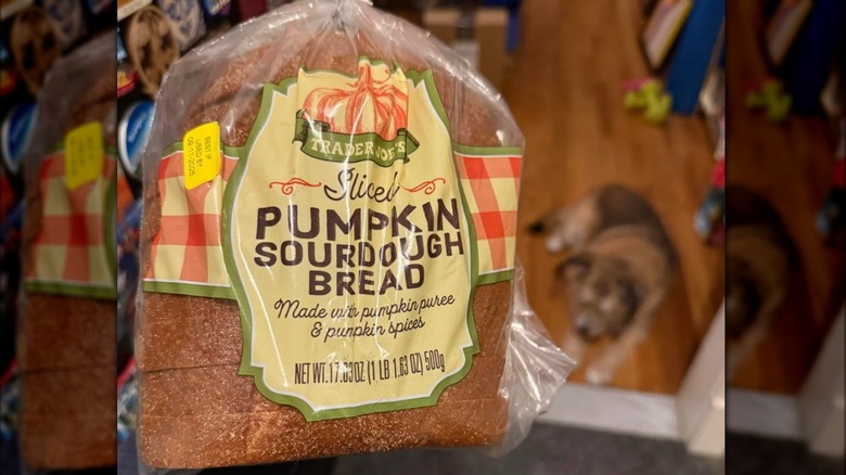 A bag of Trader Joe's Sliced Pumpkin Sourdough Bread at store