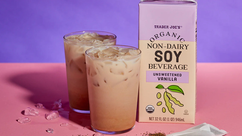 Carton of Trader Joe's Unsweetened Vanilla Organic Non-Dairy Soy Beverage in glasses.