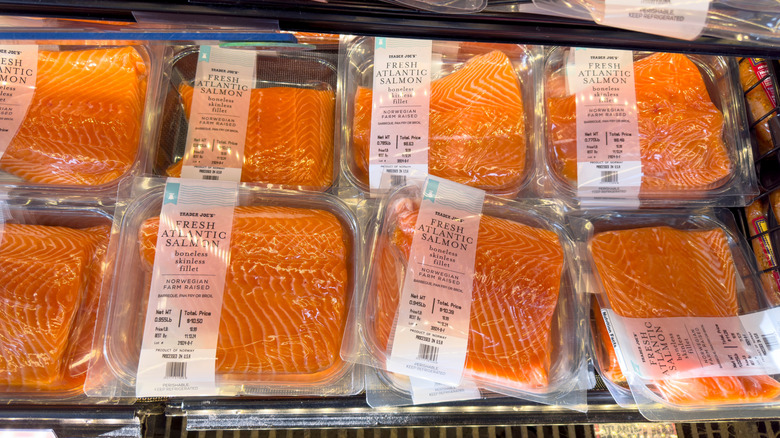 Packages of Trader Joe's fresh Atlantic salmon on shelf in store